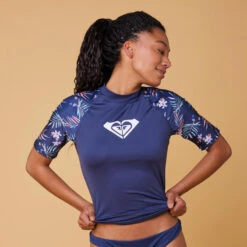 Roxy Tee Shirt Anti UV Femme Manches Courtes Surf Floral Bleu