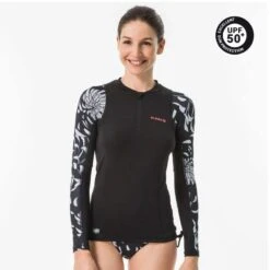 Tee Shirt Anti Uv Surf Top 500 Manches Longues Femme AKARU